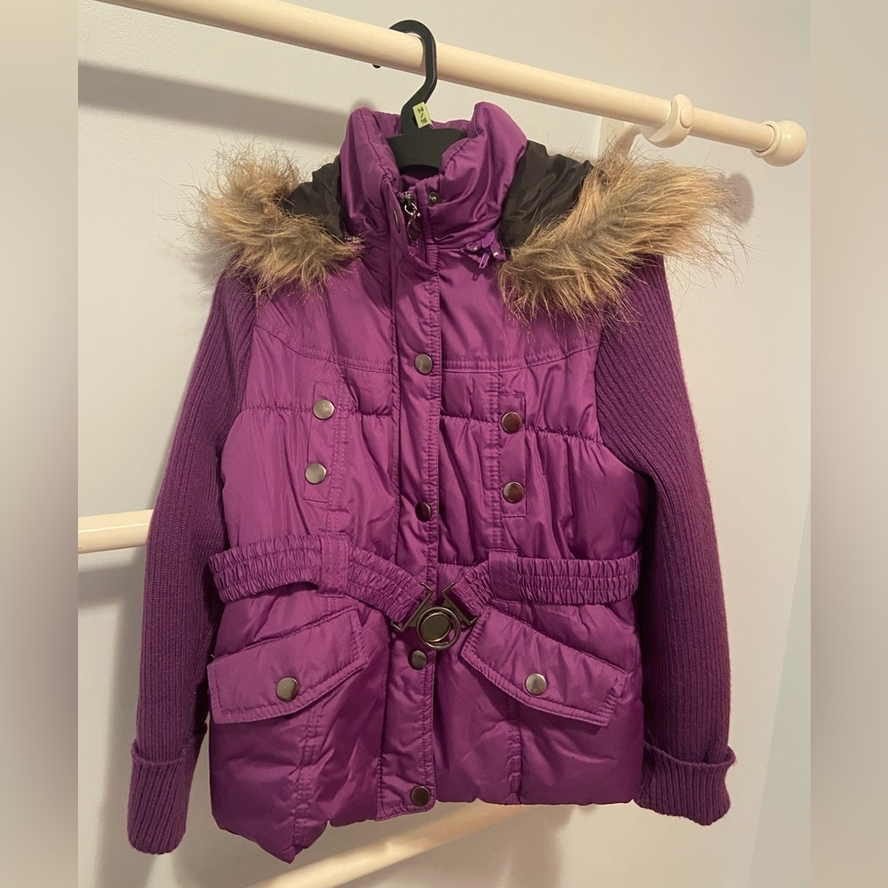 Girls Route 66 Purple Coat with Fur Trimmed Hood